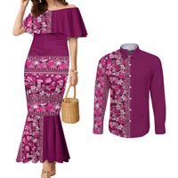 Hawaiian Tribal Elements Hibiscus Couples Matching Mermaid Dress and Long Sleeve Button Shirt Pink Pattern LT9 Pink - Polynesian Pride