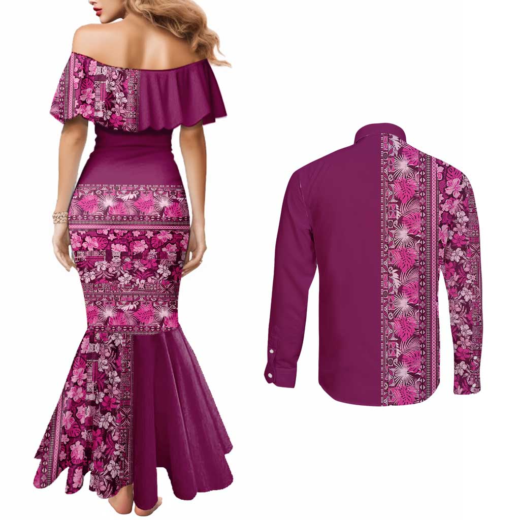 Hawaiian Tribal Elements Hibiscus Couples Matching Mermaid Dress and Long Sleeve Button Shirt Pink Pattern LT9 - Polynesian Pride