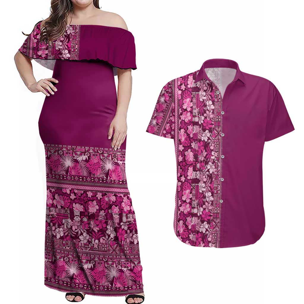 Hawaiian Tribal Elements Hibiscus Couples Matching Off Shoulder Maxi Dress and Hawaiian Shirt Pink Pattern LT9 Pink - Polynesian Pride