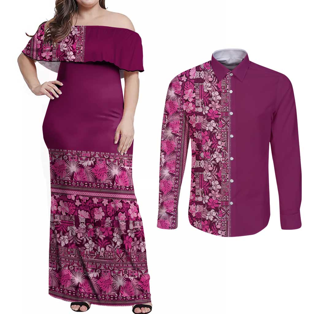 Hawaiian Tribal Elements Hibiscus Couples Matching Off Shoulder Maxi Dress and Long Sleeve Button Shirt Pink Pattern LT9 Pink - Polynesian Pride