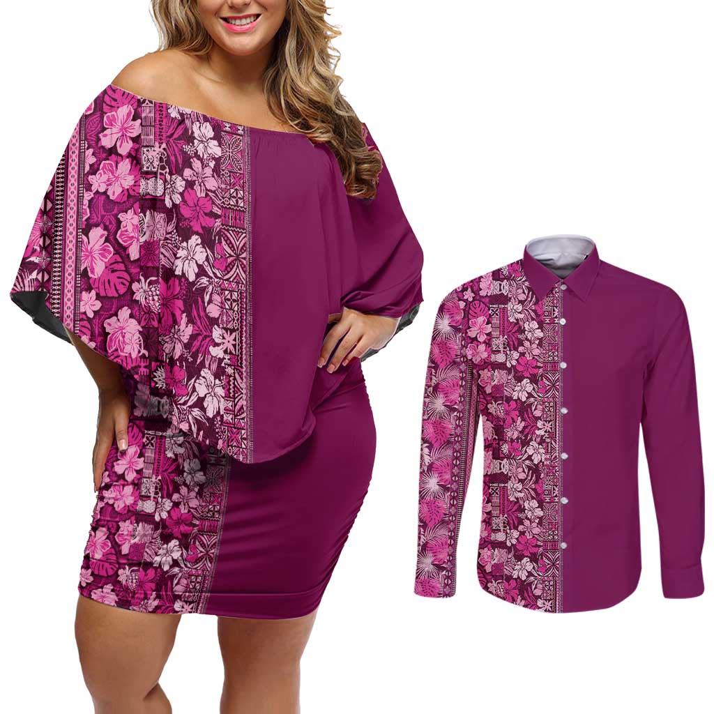 Hawaiian Tribal Elements Hibiscus Couples Matching Off Shoulder Short Dress and Long Sleeve Button Shirt Pink Pattern LT9 Pink - Polynesian Pride