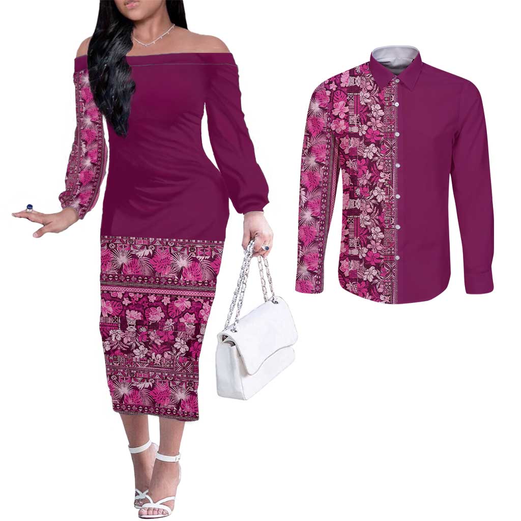 Hawaiian Tribal Elements Hibiscus Couples Matching Off The Shoulder Long Sleeve Dress and Long Sleeve Button Shirt Pink Pattern LT9 Pink - Polynesian Pride