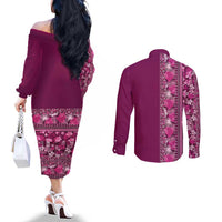 Hawaiian Tribal Elements Hibiscus Couples Matching Off The Shoulder Long Sleeve Dress and Long Sleeve Button Shirt Pink Pattern LT9 - Polynesian Pride