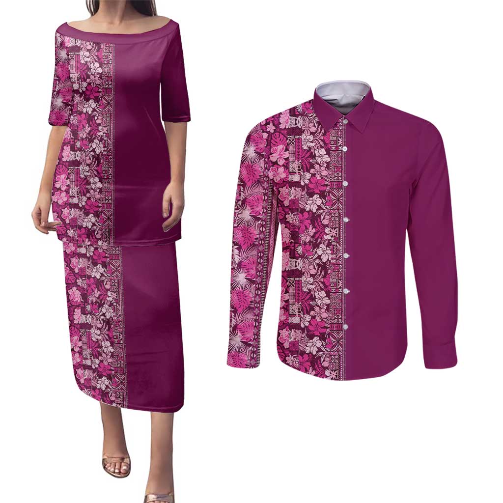 Hawaiian Tribal Elements Hibiscus Couples Matching Puletasi and Long Sleeve Button Shirt Pink Pattern LT9 Pink - Polynesian Pride