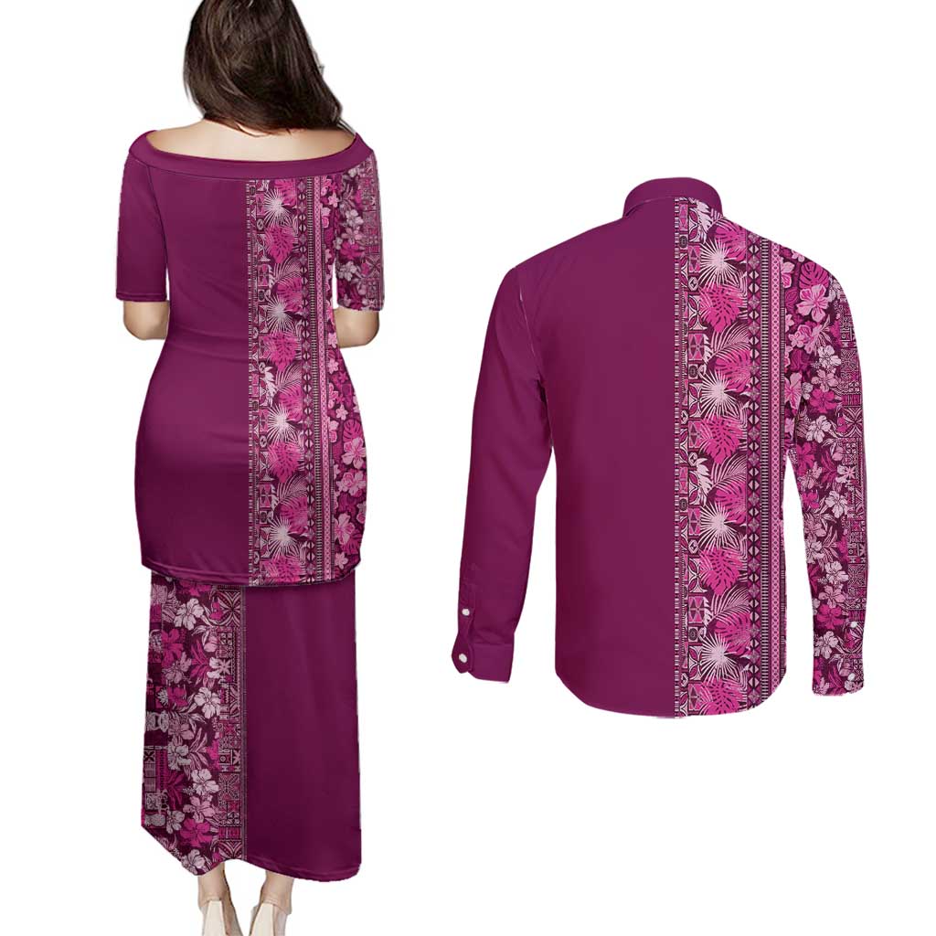 Hawaiian Tribal Elements Hibiscus Couples Matching Puletasi and Long Sleeve Button Shirt Pink Pattern - Polynesian Pride