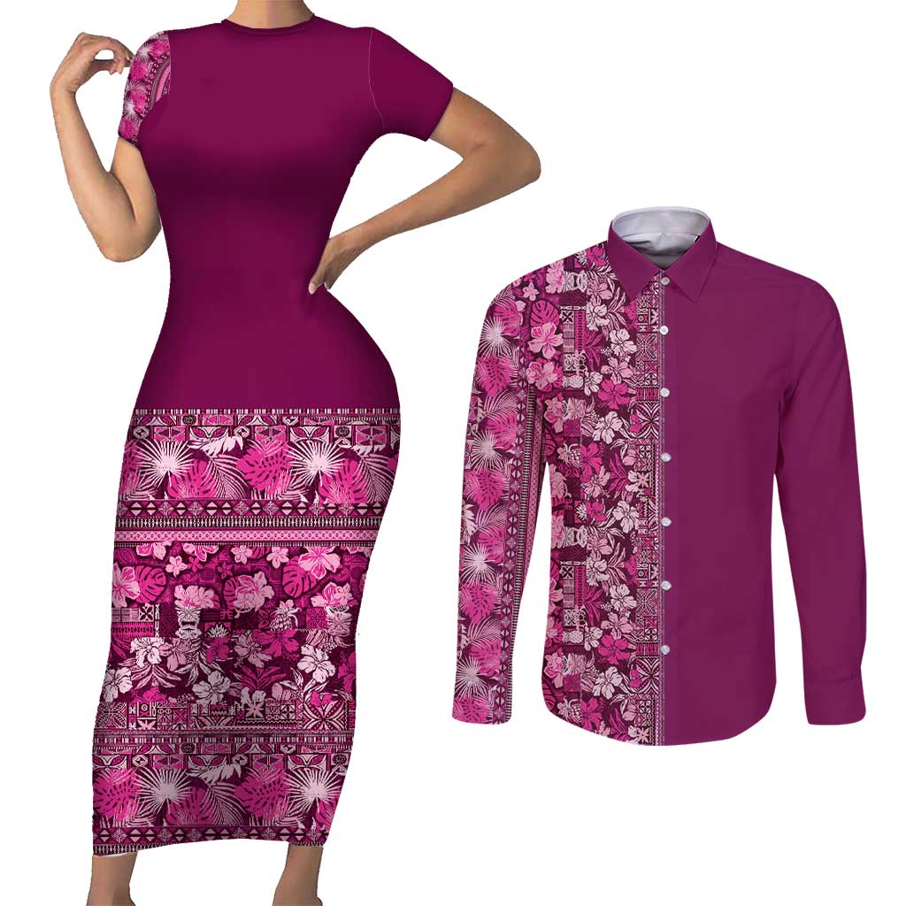 Hawaiian Tribal Elements Hibiscus Couples Matching Short Sleeve Bodycon Dress and Long Sleeve Button Shirt Pink Pattern LT9 Pink - Polynesian Pride
