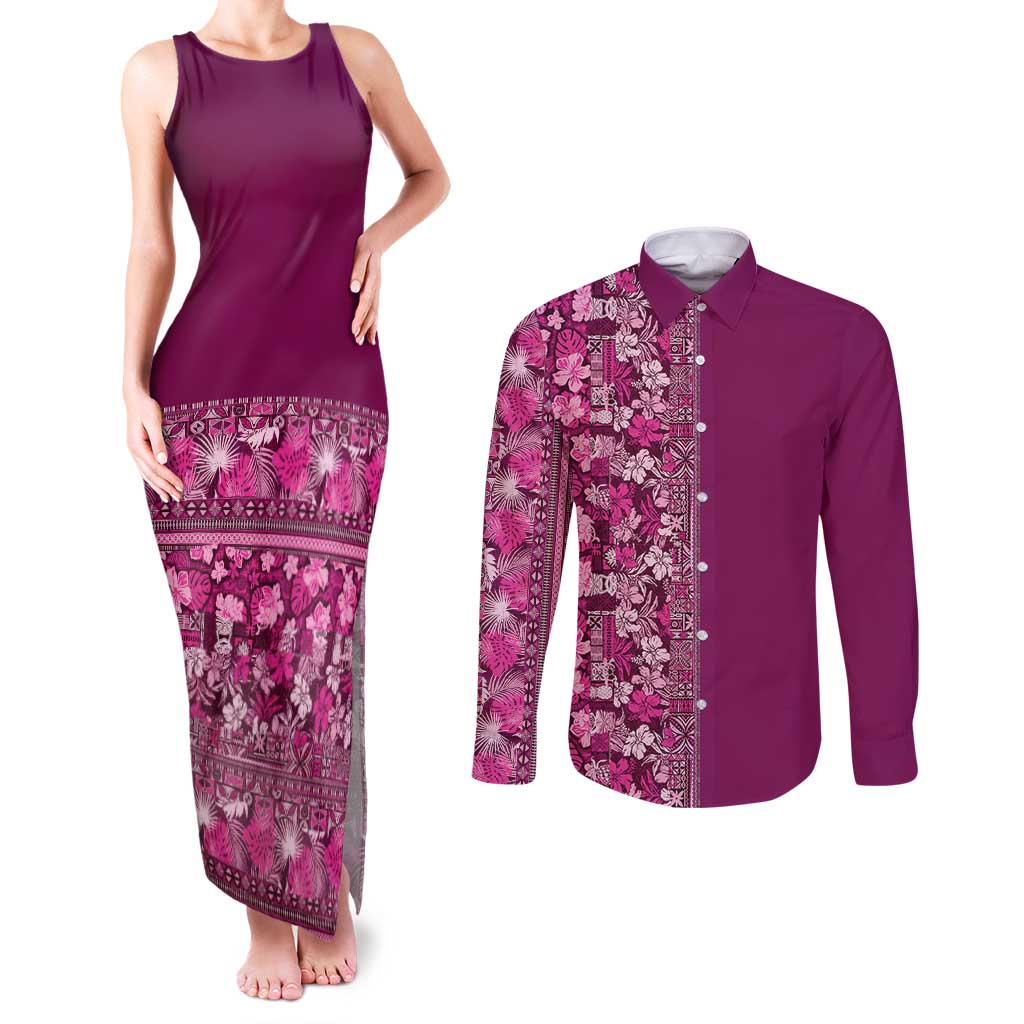 Hawaiian Tribal Elements Hibiscus Couples Matching Tank Maxi Dress and Long Sleeve Button Shirt Pink Pattern LT9 Pink - Polynesian Pride