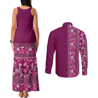 Hawaiian Tribal Elements Hibiscus Couples Matching Tank Maxi Dress and Long Sleeve Button Shirt Pink Pattern - Polynesian Pride
