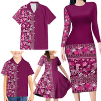 Hawaiian Tribal Elements Hibiscus Family Matching Long Sleeve Bodycon Dress and Hawaiian Shirt Pink Pattern LT9 - Polynesian Pride