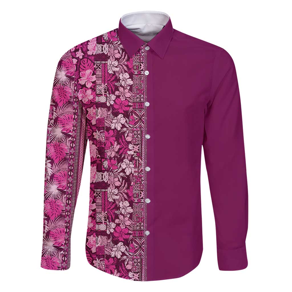 Hawaiian Tribal Elements Hibiscus Family Matching Long Sleeve Bodycon Dress and Hawaiian Shirt Pink Pattern LT9 Dad's Shirt - Long Sleeve Pink - Polynesian Pride
