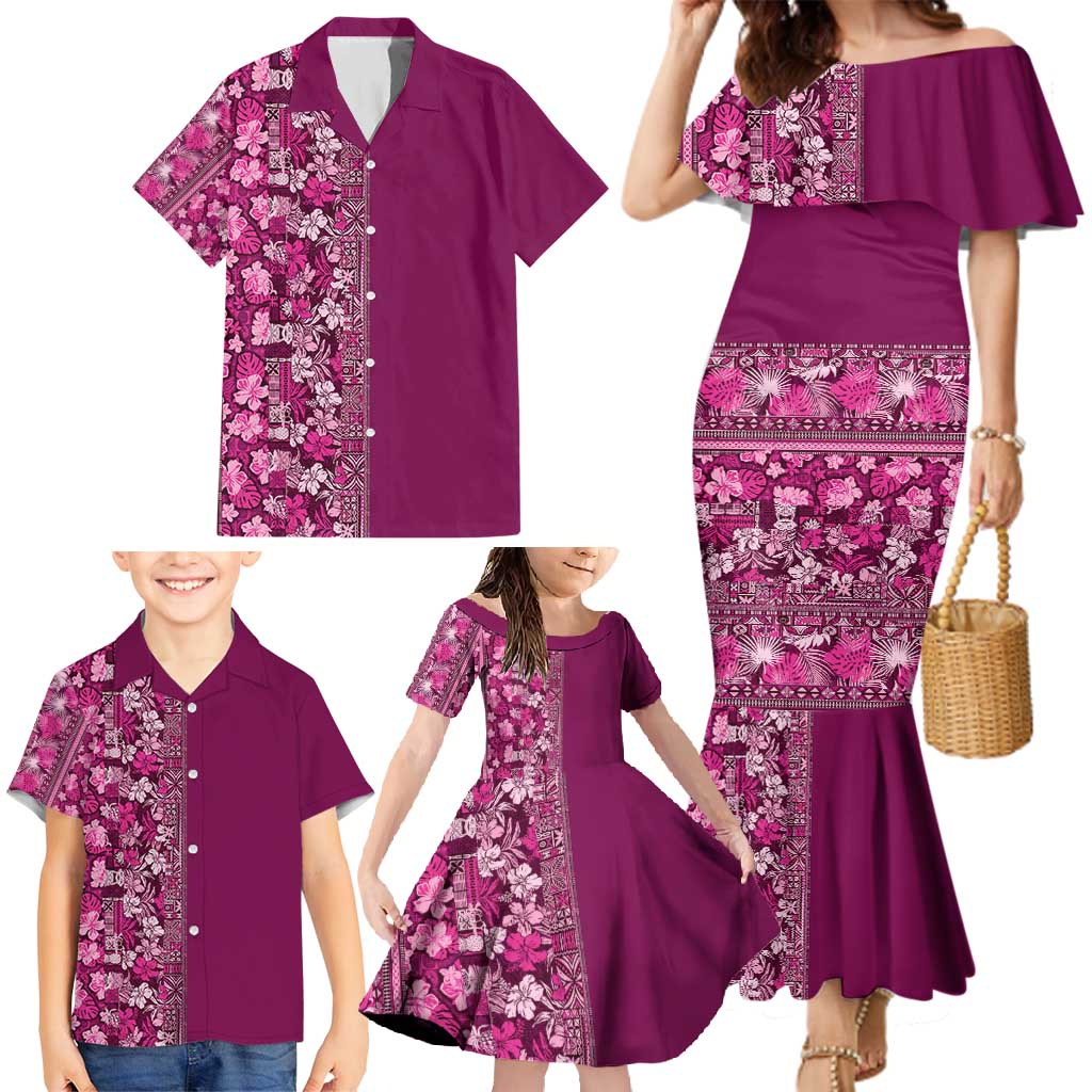 Hawaiian Tribal Elements Hibiscus Family Matching Mermaid Dress and Hawaiian Shirt Pink Pattern LT9 - Polynesian Pride