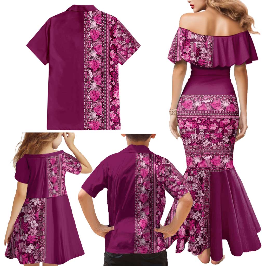 Hawaiian Tribal Elements Hibiscus Family Matching Mermaid Dress and Hawaiian Shirt Pink Pattern LT9 - Polynesian Pride