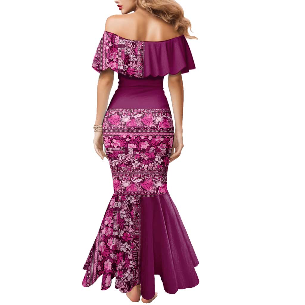 Hawaiian Tribal Elements Hibiscus Family Matching Mermaid Dress and Hawaiian Shirt Pink Pattern LT9 - Polynesian Pride