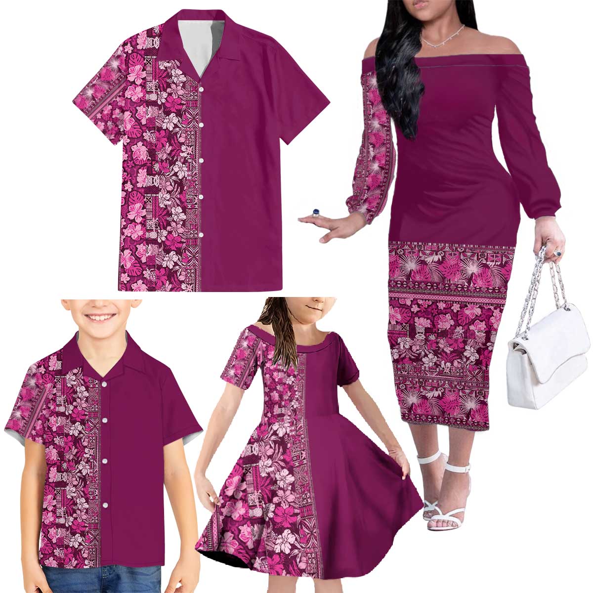 Hawaiian Tribal Elements Hibiscus Family Matching Off The Shoulder Long Sleeve Dress and Hawaiian Shirt Pink Pattern LT9 - Polynesian Pride