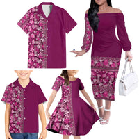 Hawaiian Tribal Elements Hibiscus Family Matching Off The Shoulder Long Sleeve Dress and Hawaiian Shirt Pink Pattern LT9 - Polynesian Pride