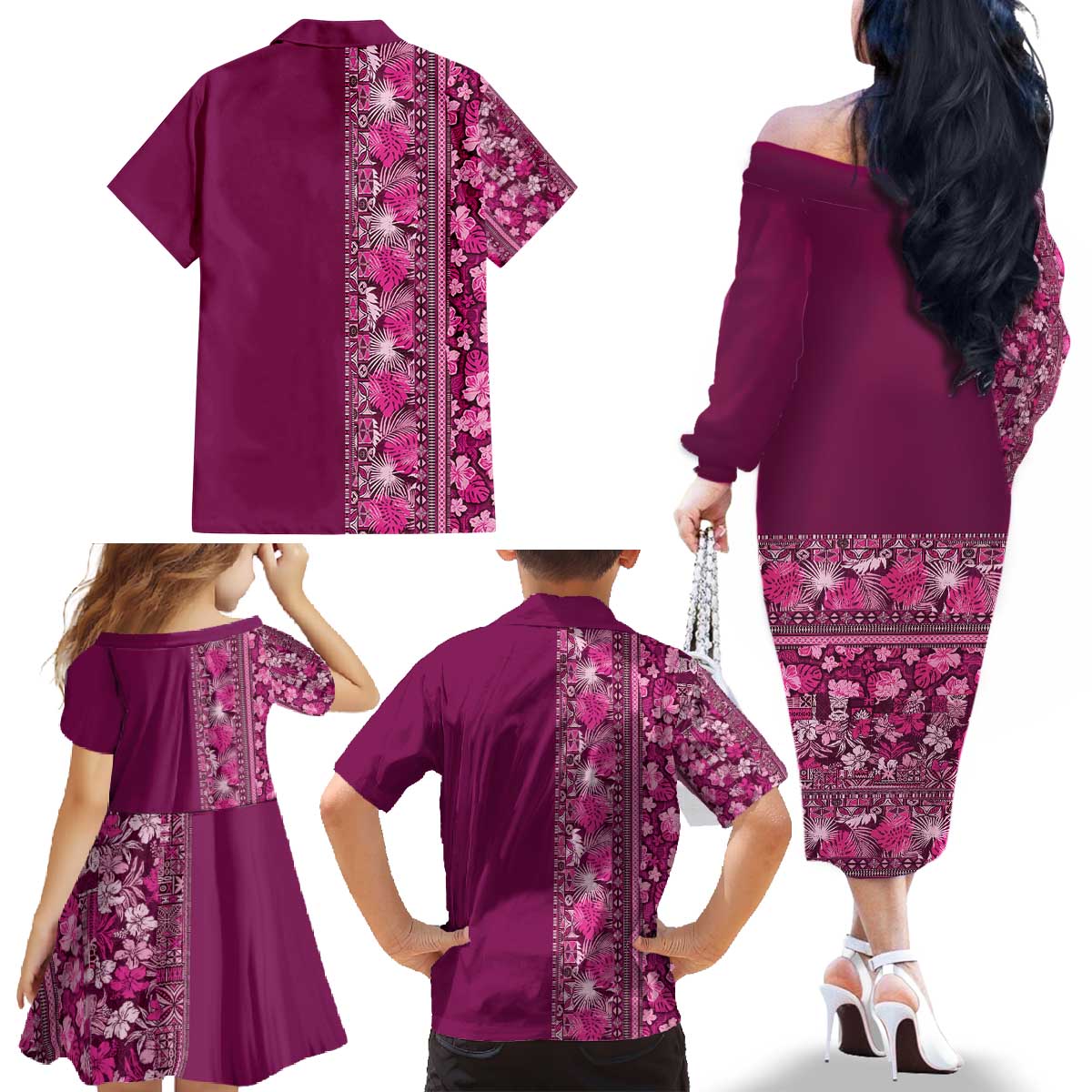 Hawaiian Tribal Elements Hibiscus Family Matching Off The Shoulder Long Sleeve Dress and Hawaiian Shirt Pink Pattern LT9 - Polynesian Pride