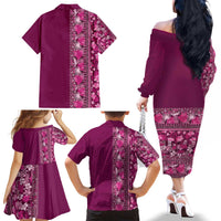 Hawaiian Tribal Elements Hibiscus Family Matching Off The Shoulder Long Sleeve Dress and Hawaiian Shirt Pink Pattern LT9 - Polynesian Pride