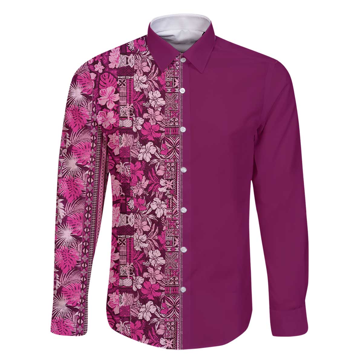 Hawaiian Tribal Elements Hibiscus Family Matching Off The Shoulder Long Sleeve Dress and Hawaiian Shirt Pink Pattern LT9 Dad's Shirt - Long Sleeve Pink - Polynesian Pride