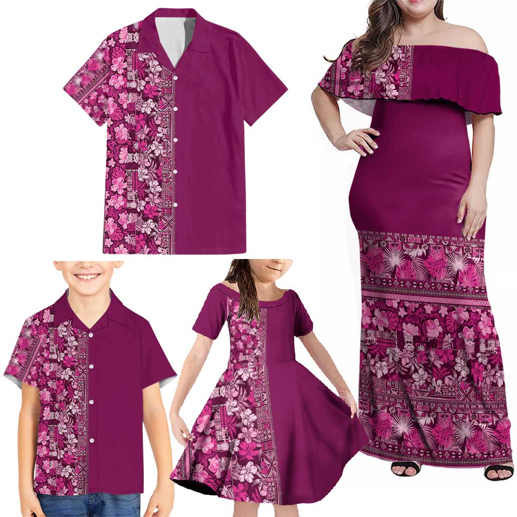 Hawaiian Tribal Elements Hibiscus Family Matching Off Shoulder Maxi Dress and Hawaiian Shirt Pink Pattern LT9 - Polynesian Pride