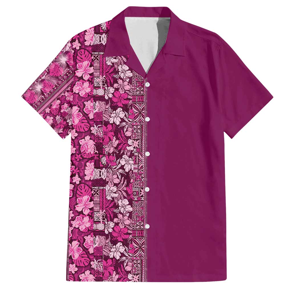 Hawaiian Tribal Elements Hibiscus Family Matching Off Shoulder Maxi Dress and Hawaiian Shirt Pink Pattern - Polynesian Pride
