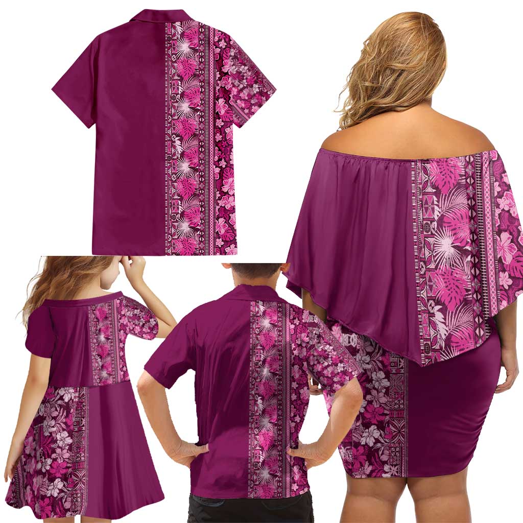 Hawaiian Tribal Elements Hibiscus Family Matching Off Shoulder Short Dress and Hawaiian Shirt Pink Pattern LT9 - Polynesian Pride