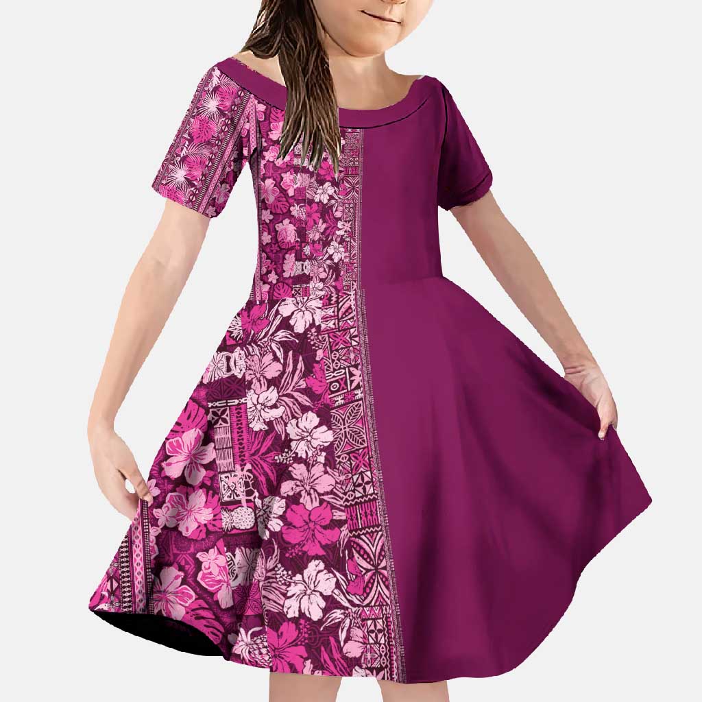 Hawaiian Tribal Elements Hibiscus Family Matching Short Sleeve Bodycon Dress and Hawaiian Shirt Pink Pattern LT9 Daughter's Dress Pink - Polynesian Pride