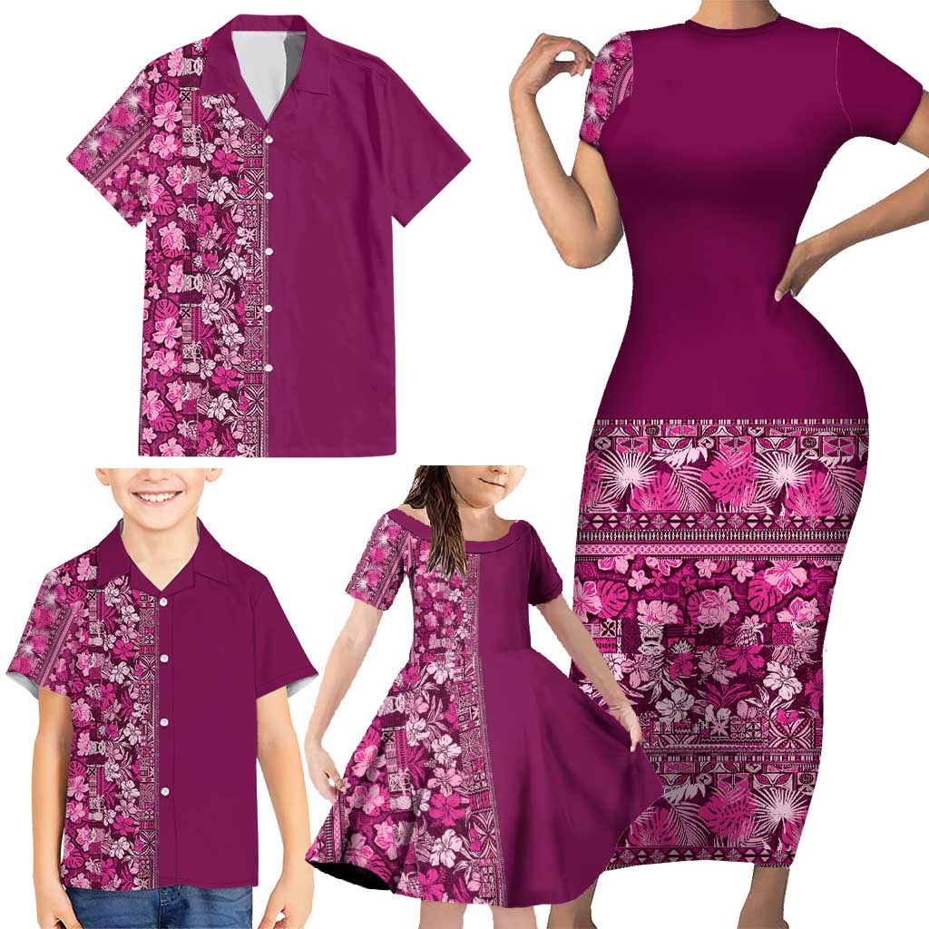 Hawaiian Tribal Elements Hibiscus Family Matching Short Sleeve Bodycon Dress and Hawaiian Shirt Pink Pattern LT9 - Polynesian Pride