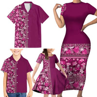 Hawaiian Tribal Elements Hibiscus Family Matching Short Sleeve Bodycon Dress and Hawaiian Shirt Pink Pattern LT9 - Polynesian Pride