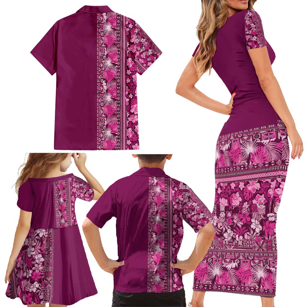 Hawaiian Tribal Elements Hibiscus Family Matching Short Sleeve Bodycon Dress and Hawaiian Shirt Pink Pattern LT9 - Polynesian Pride
