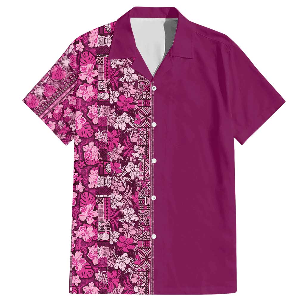Hawaiian Tribal Elements Hibiscus Family Matching Short Sleeve Bodycon Dress and Hawaiian Shirt Pink Pattern LT9 Dad's Shirt - Short Sleeve Pink - Polynesian Pride