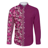 Hawaiian Tribal Elements Hibiscus Family Matching Short Sleeve Bodycon Dress and Hawaiian Shirt Pink Pattern LT9 Dad's Shirt - Long Sleeve Pink - Polynesian Pride