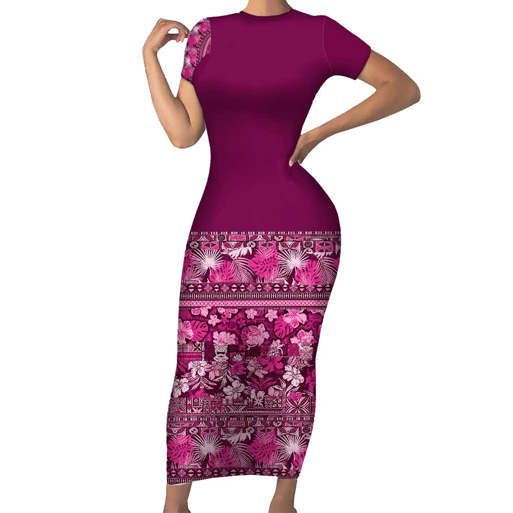 Hawaiian Tribal Elements Hibiscus Family Matching Short Sleeve Bodycon Dress and Hawaiian Shirt Pink Pattern LT9 Mom's Dress Pink - Polynesian Pride