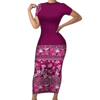 Hawaiian Tribal Elements Hibiscus Family Matching Short Sleeve Bodycon Dress and Hawaiian Shirt Pink Pattern LT9 Mom's Dress Pink - Polynesian Pride