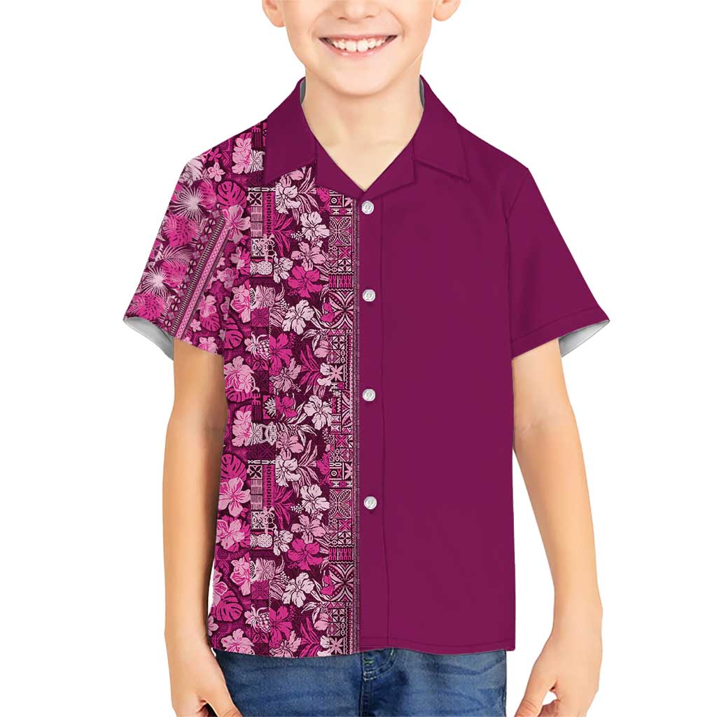 Hawaiian Tribal Elements Hibiscus Family Matching Short Sleeve Bodycon Dress and Hawaiian Shirt Pink Pattern LT9 Son's Shirt Pink - Polynesian Pride