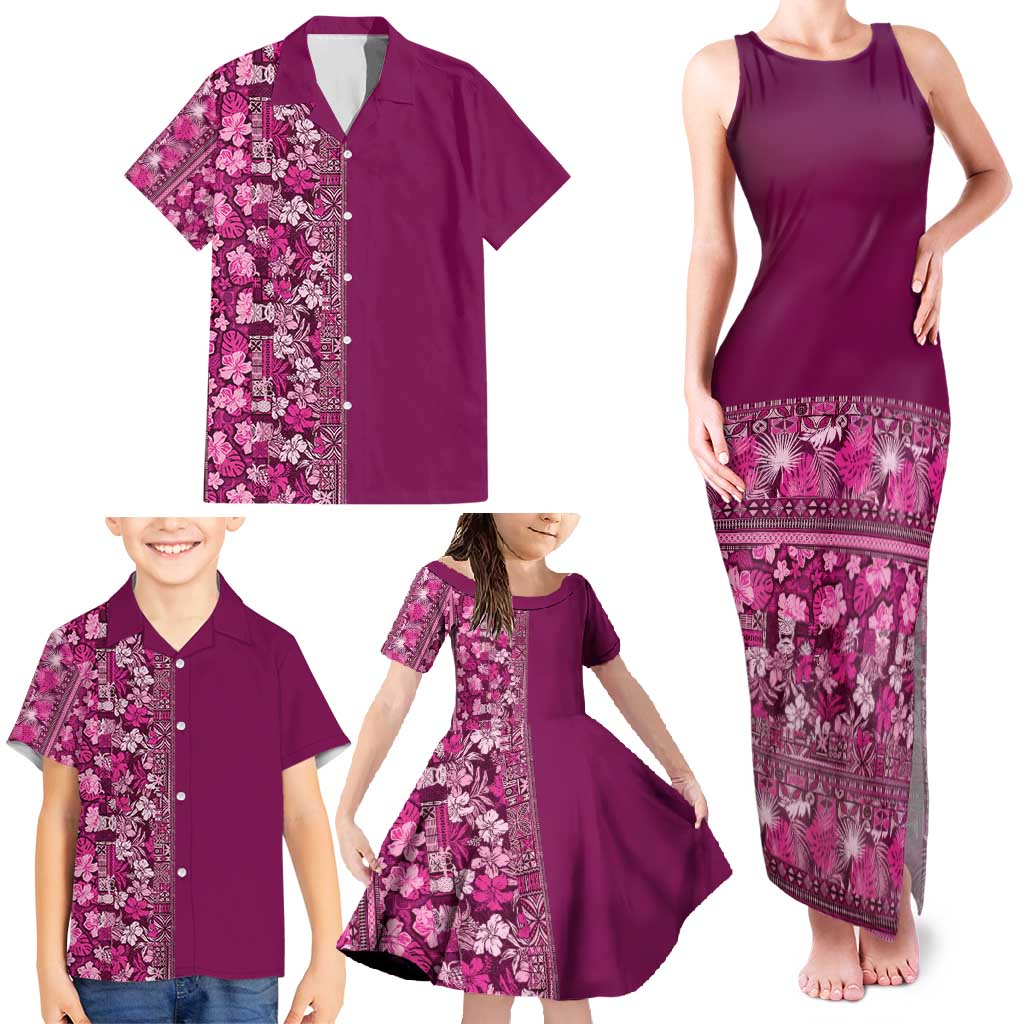 Hawaiian Tribal Elements Hibiscus Family Matching Tank Maxi Dress and Hawaiian Shirt Pink Pattern LT9 - Polynesian Pride