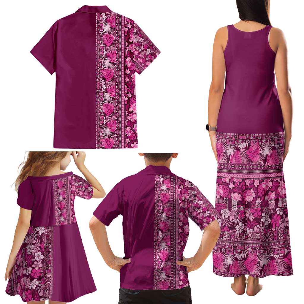 Hawaiian Tribal Elements Hibiscus Family Matching Tank Maxi Dress and Hawaiian Shirt Pink Pattern LT9 - Polynesian Pride