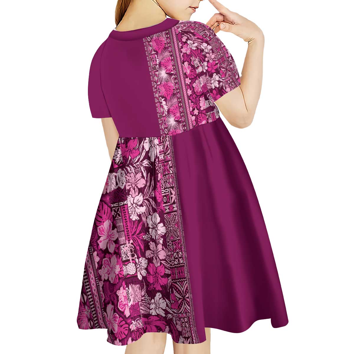 Hawaiian Tribal Elements Hibiscus Kid Short Sleeve Dress Pink Pattern - Polynesian Pride