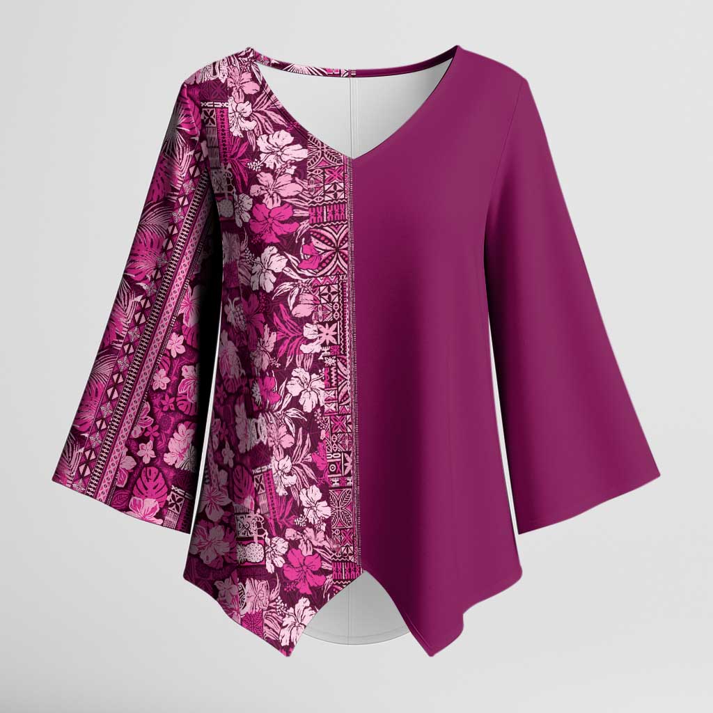 Hawaiian Tribal Elements Hibiscus Kimono Sleeve Blouse Pink Pattern - Polynesian Pride