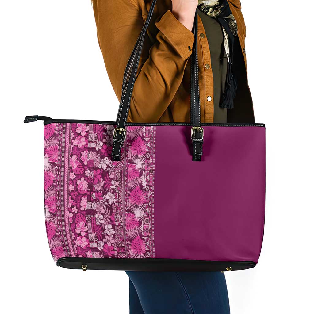 Hawaiian Tribal Elements Hibiscus Leather Tote Bag Pink Pattern - Polynesian Pride