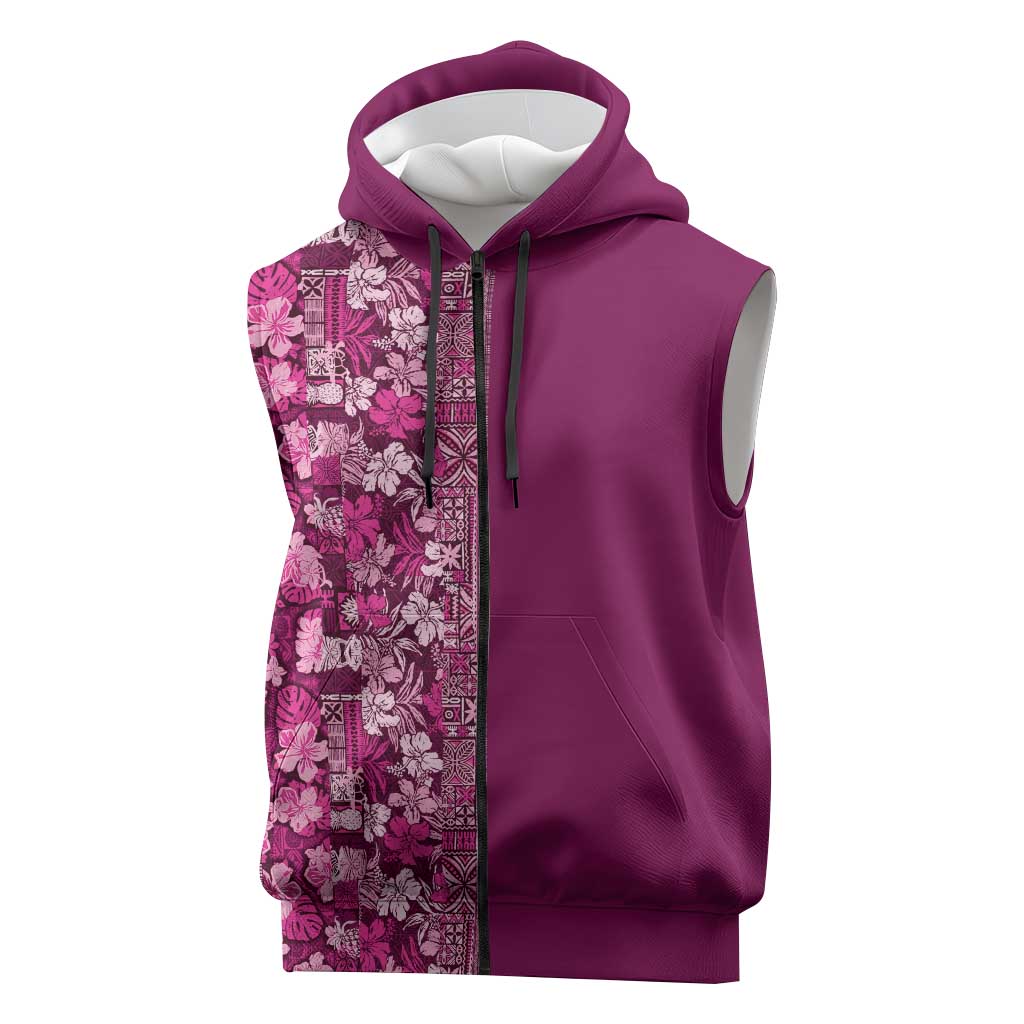Hawaiian Tribal Elements Hibiscus Sleeveless Zip Hoodie Pink Pattern - Polynesian Pride