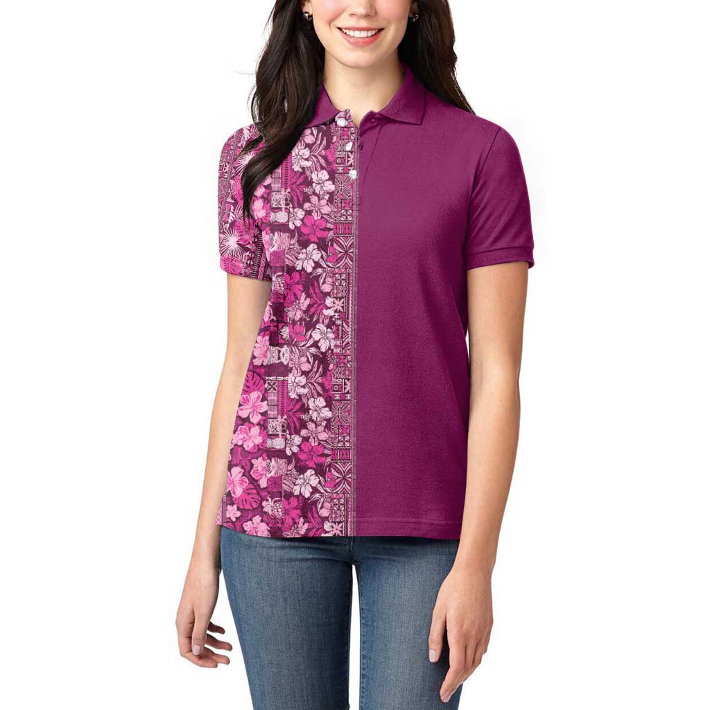 Hawaiian Tribal Elements Hibiscus Women Polo Shirt Pink Pattern - Polynesian Pride