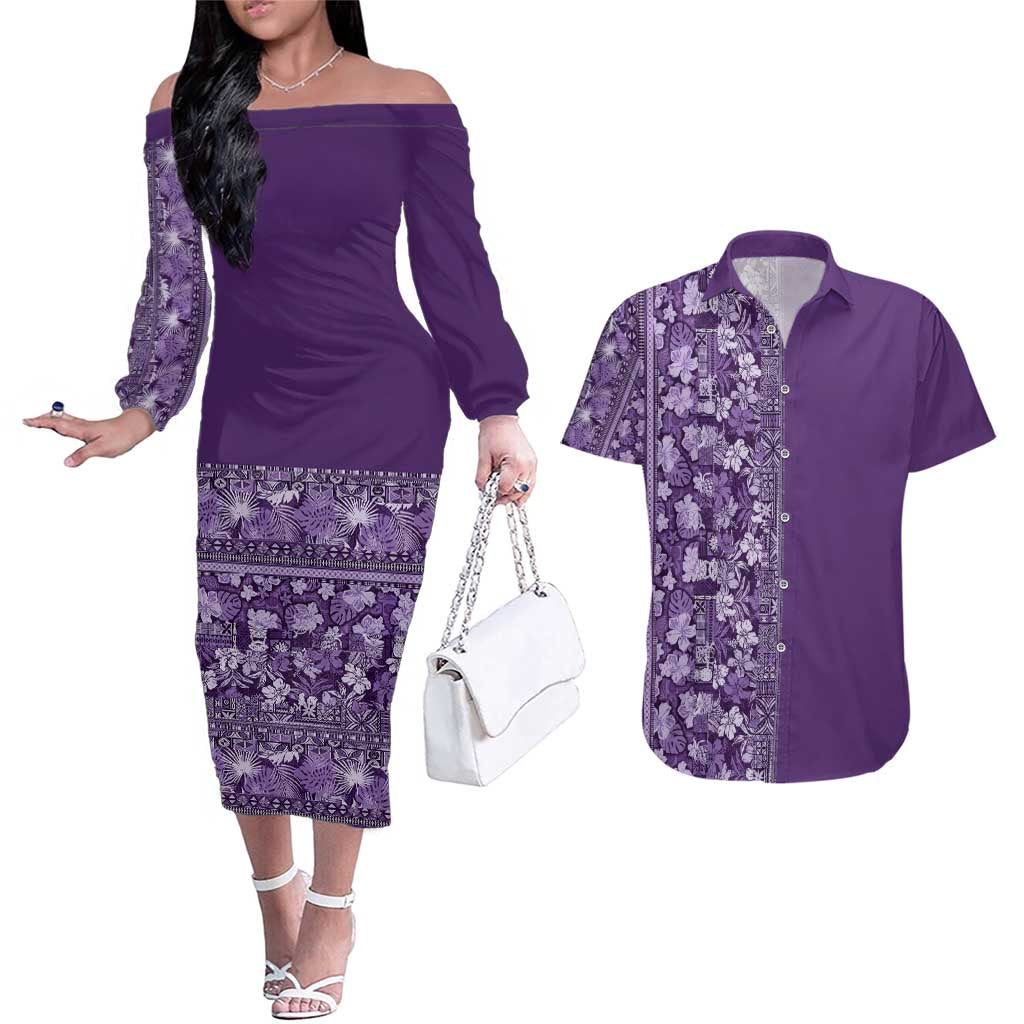 Hawaiian Tribal Elements Hibiscus Couples Matching Off The Shoulder Long Sleeve Dress and Hawaiian Shirt Purple Pattern LT9 Purple - Polynesian Pride
