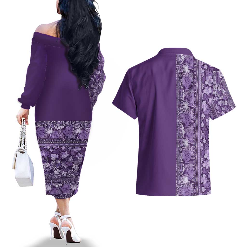 Hawaiian Tribal Elements Hibiscus Couples Matching Off The Shoulder Long Sleeve Dress and Hawaiian Shirt Purple Pattern LT9 - Polynesian Pride
