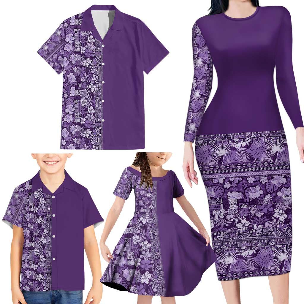 Hawaiian Tribal Elements Hibiscus Family Matching Long Sleeve Bodycon Dress and Hawaiian Shirt Purple Pattern LT9 - Polynesian Pride