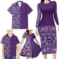 Hawaiian Tribal Elements Hibiscus Family Matching Long Sleeve Bodycon Dress and Hawaiian Shirt Purple Pattern LT9 - Polynesian Pride