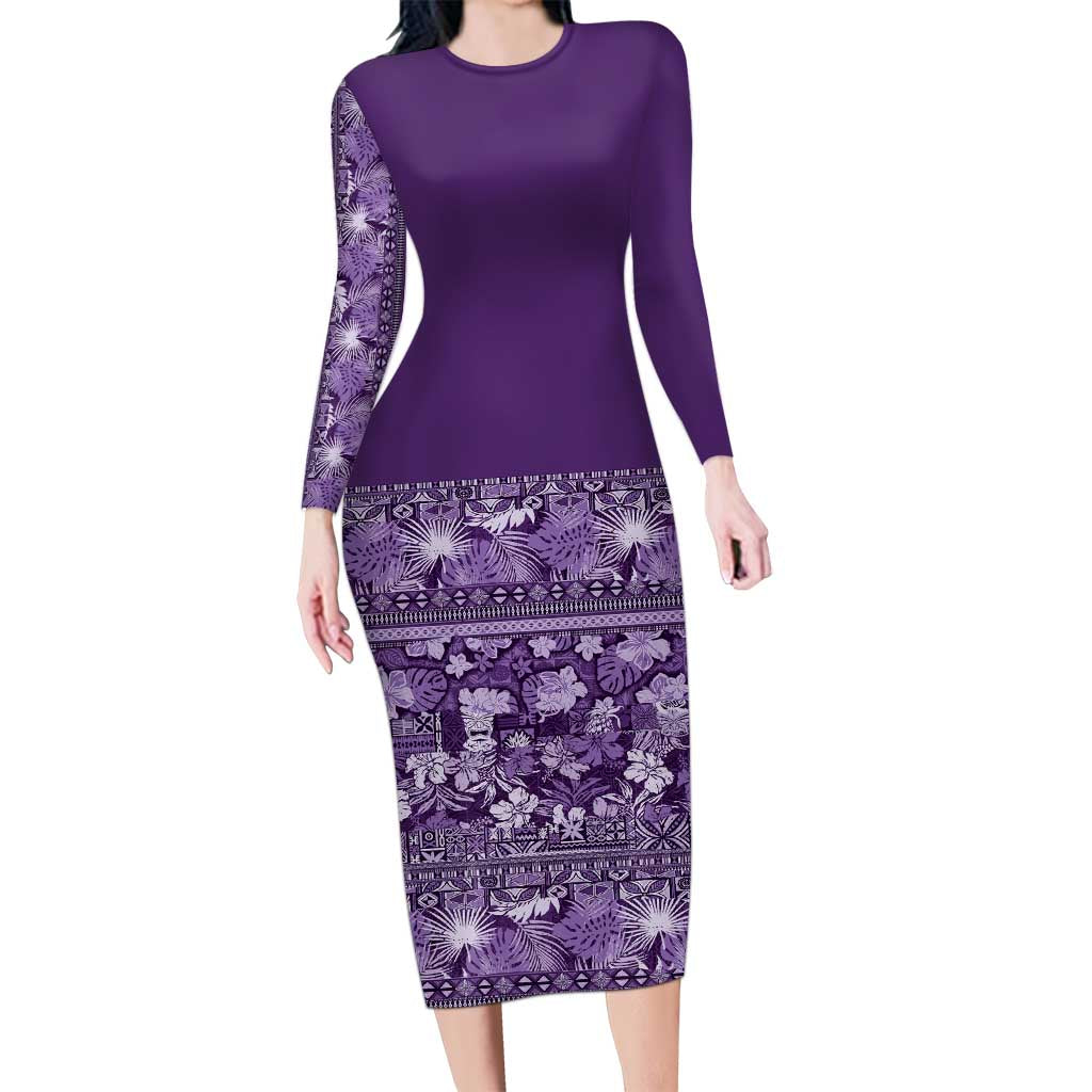 Hawaiian Tribal Elements Hibiscus Family Matching Long Sleeve Bodycon Dress and Hawaiian Shirt Purple Pattern LT9 Mom's Dress Purple - Polynesian Pride