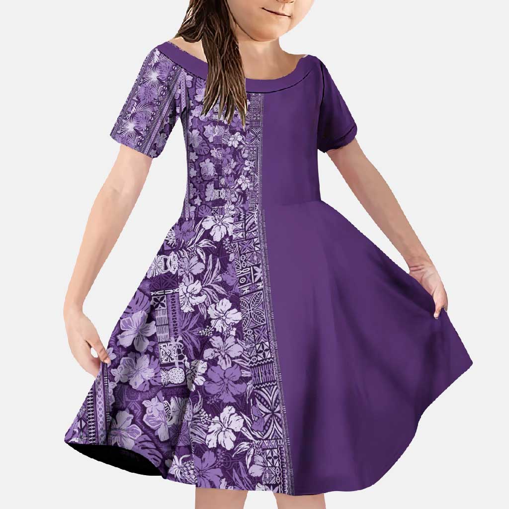 Hawaiian Tribal Elements Hibiscus Family Matching Mermaid Dress and Hawaiian Shirt Purple Pattern LT9 Daughter's Dress Purple - Polynesian Pride