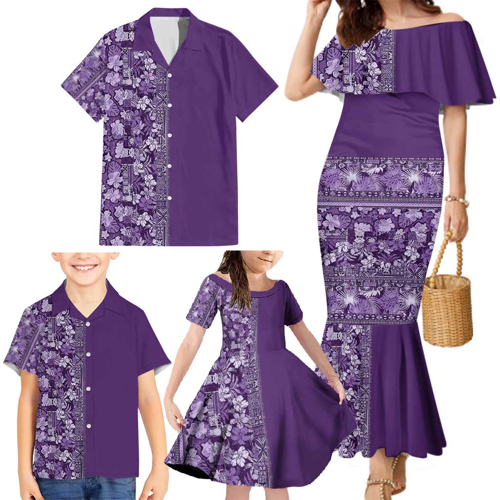 Hawaiian Tribal Elements Hibiscus Family Matching Mermaid Dress and Hawaiian Shirt Purple Pattern LT9 - Polynesian Pride