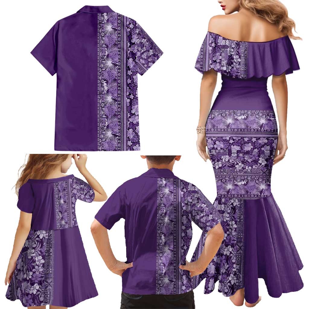 Hawaiian Tribal Elements Hibiscus Family Matching Mermaid Dress and Hawaiian Shirt Purple Pattern LT9 - Polynesian Pride