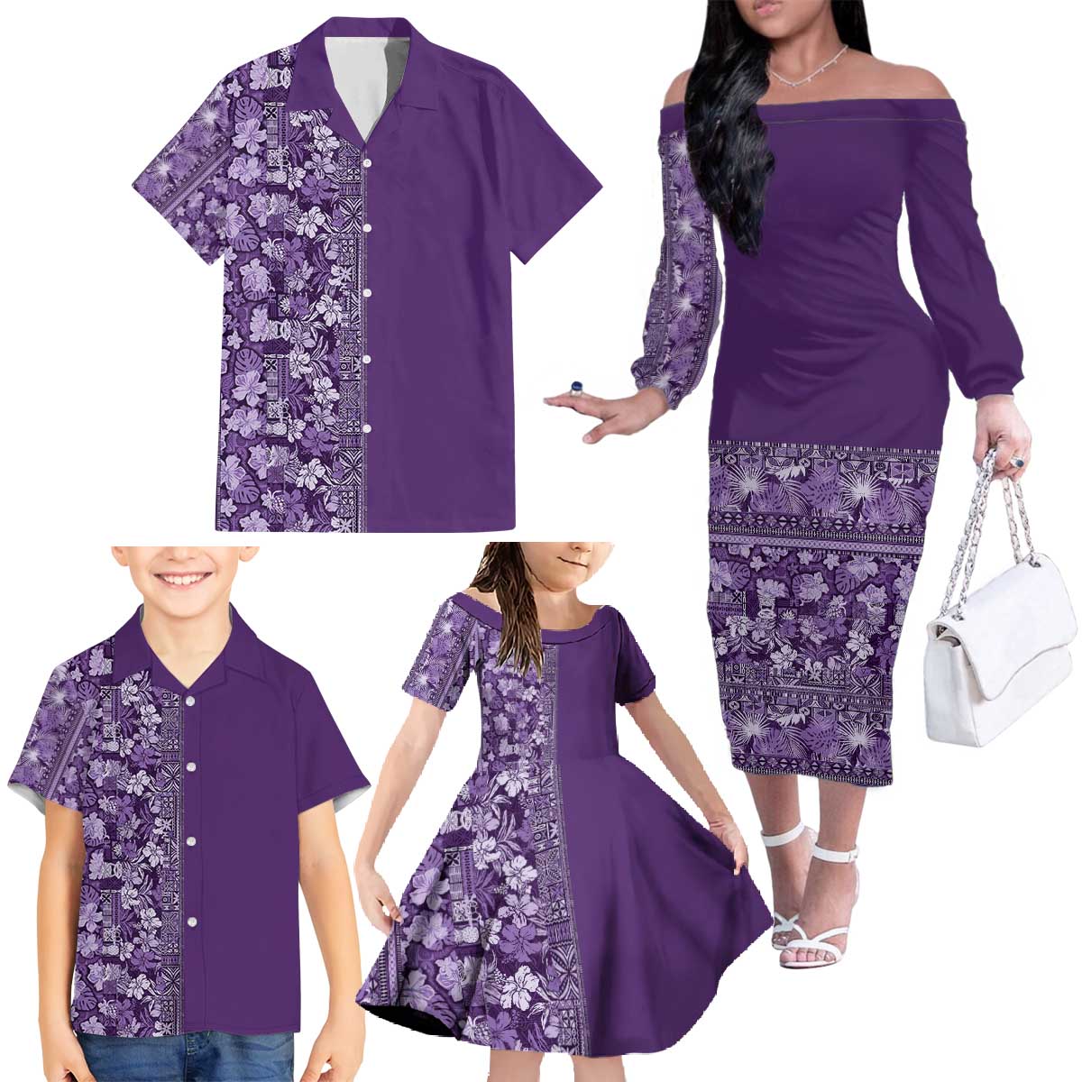 Hawaiian Tribal Elements Hibiscus Family Matching Off The Shoulder Long Sleeve Dress and Hawaiian Shirt Purple Pattern LT9 - Polynesian Pride